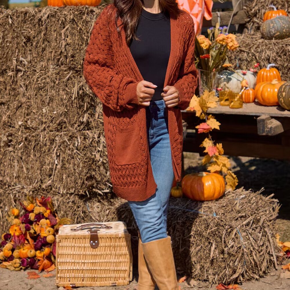 Cupshe Burnt Orange Longline Cardigan Size L | Open Front w/ Pockets | NWT